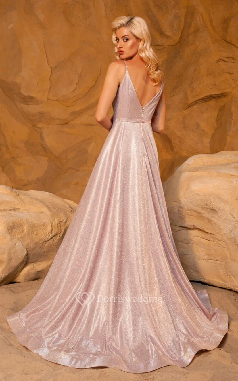 Blush Spaghetti Empire A-line Sequin Formal Prom Dress view 3