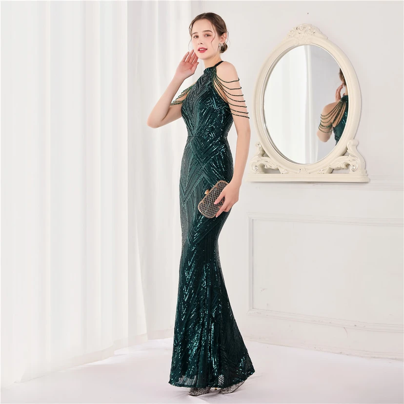 Robe de soirée élégante à col halter et sequins, allure de reine, style banquet, longue robe de soirée sirène à sequins, style star, glamour et décontracté. view 44