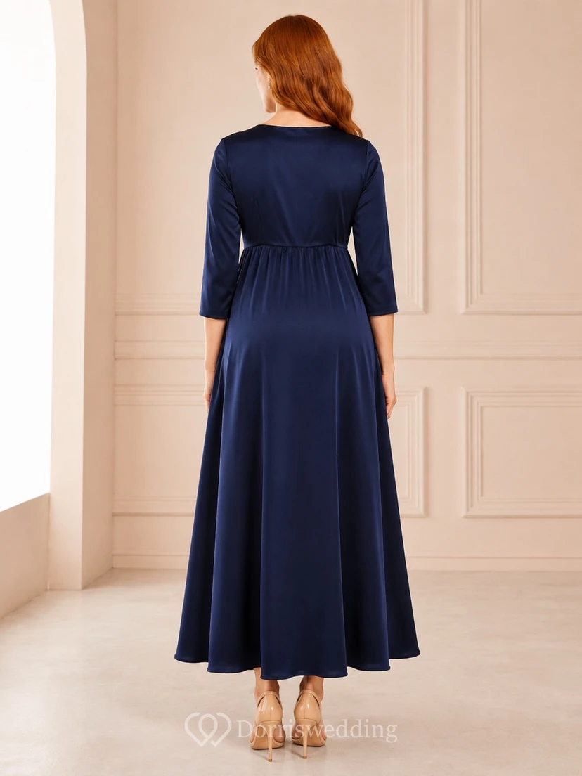 Dark Navy Jersey Jewel Neck Three-quarter Sleeve Empire Floor-length Maternity Dress view 2
