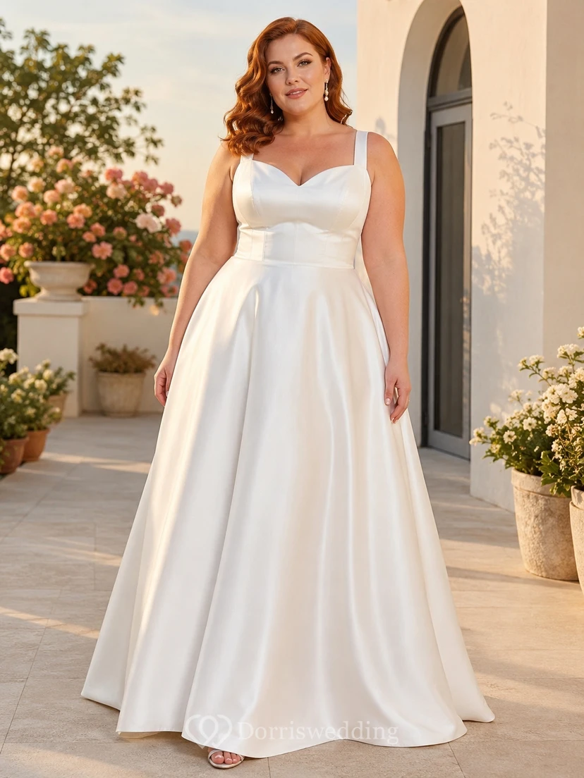 Plus Size schlichtes trägerloses A-Linien-Brautkleid mit Herzausschnitt aus Satin, bodenlang, für standesamtliche Trauungen