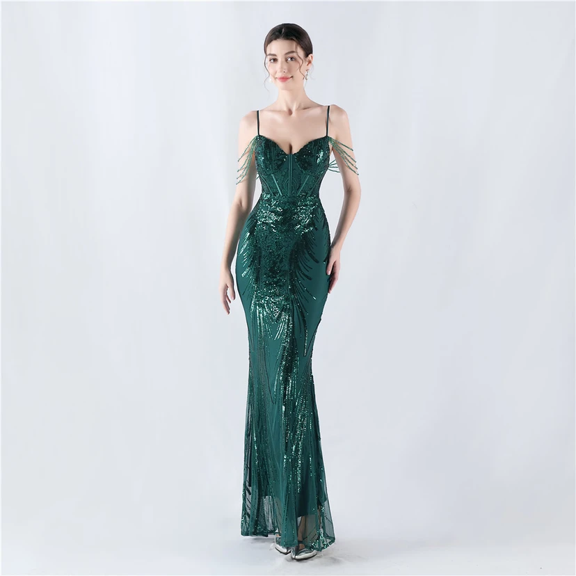 Waist-Reduced Fishbone Shaping Positioning Flower Sequined Anchor Sexy Beaded Suspender Evening Dress view 72