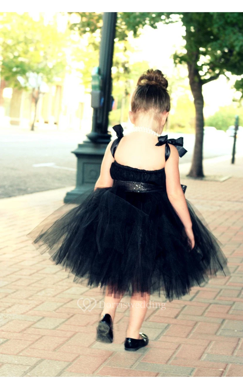 Jewel Neck Backless Tiered Knee Length Tulle Dress With Bows view 2