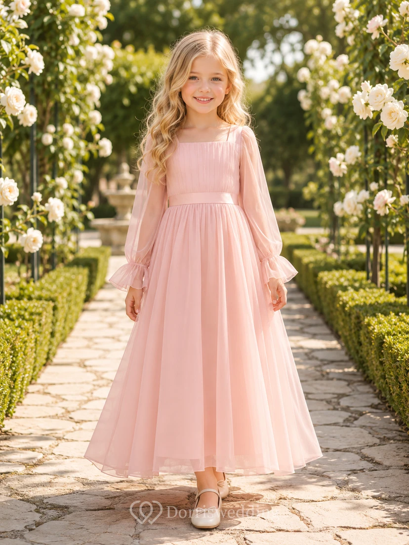 Romantic Ankle-Length A-Line Garden Flower Girl Blush Chiffon Long Sleeve Square Neck Dress