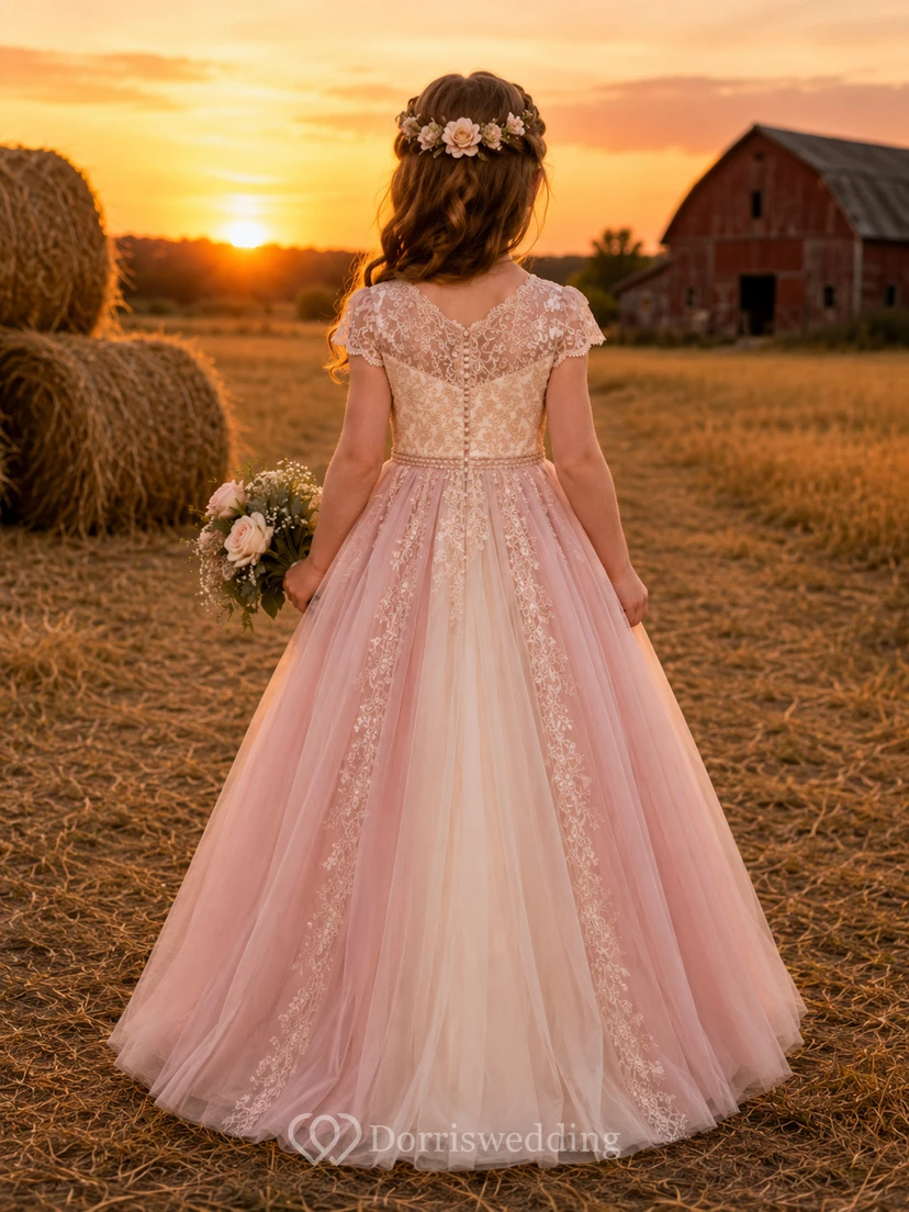 Blumenmädchenkleid aus rosafarbener Spitze und Tüll, A-Linie, Rundhalsausschnitt, Teelänge view 2