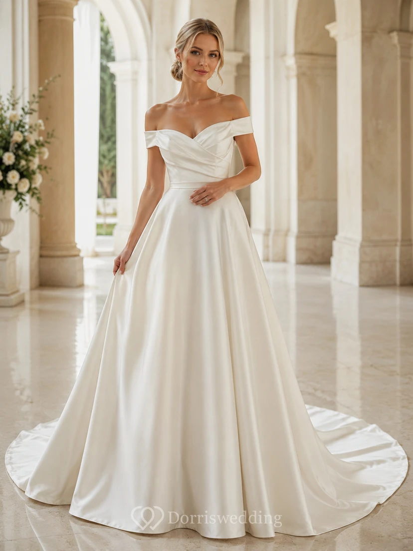Robe de mariée en satin, robe de bal, épaules dénudées, traîne courte
