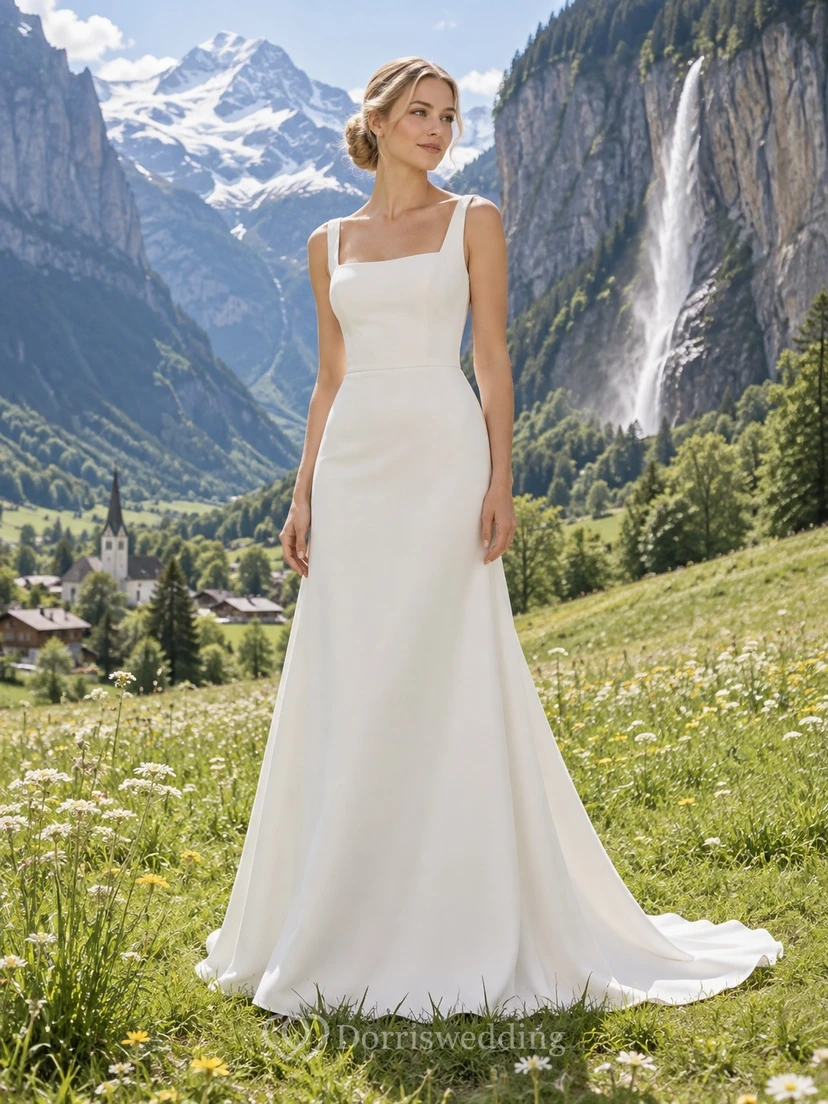 Vestido de novia sencillo de corte A con escote cuadrado, sin mangas y de crepé elástico con cola.
