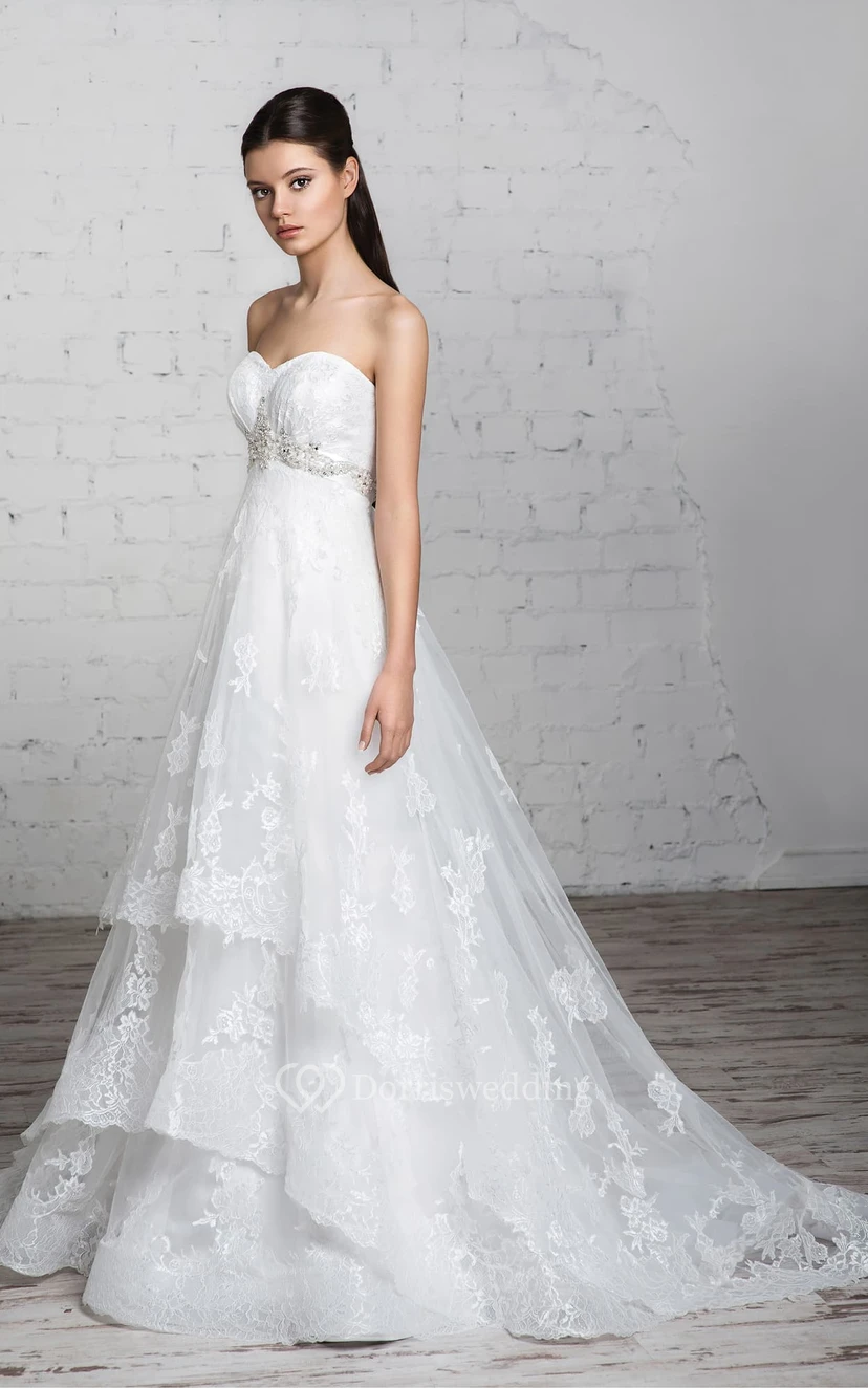 A-Line Long Sweetheart Sleeveless Empire Corset-Back Lace Dress With Tiers And Beading view 3
