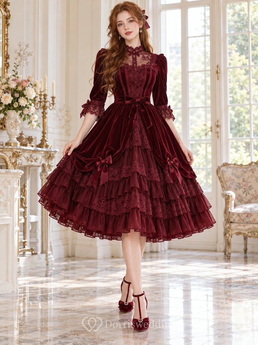 Robe de bal Lolita bordeaux à col montant, manches en dentelle et volants, longueur thé