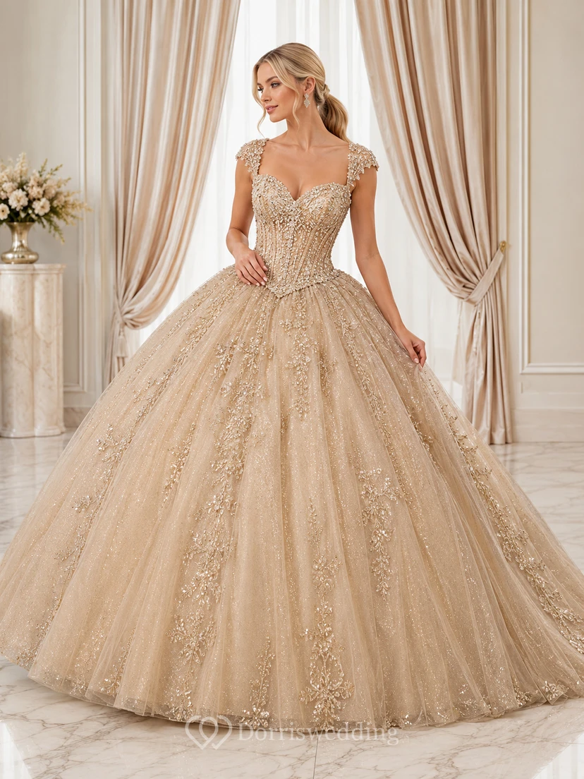 Champagne Luxury Cap Sleeve Sweetheart Crystal Glitter Tulle Quinceanera Ball Gown