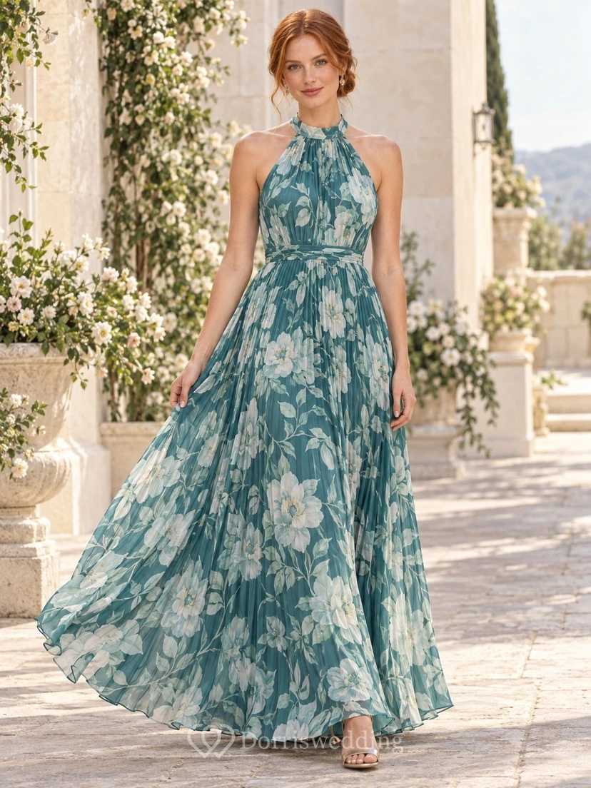 Peacock Teal Floral Print A-Line Halter Neck Sleeveless Pleated Guest Dress