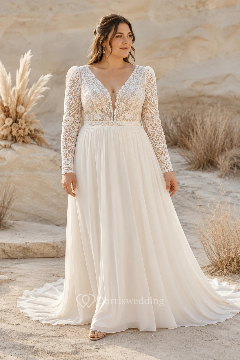 Robe de mariée grande taille empire en mousseline, coupe trapèze, col en V et manches longues en dentelle