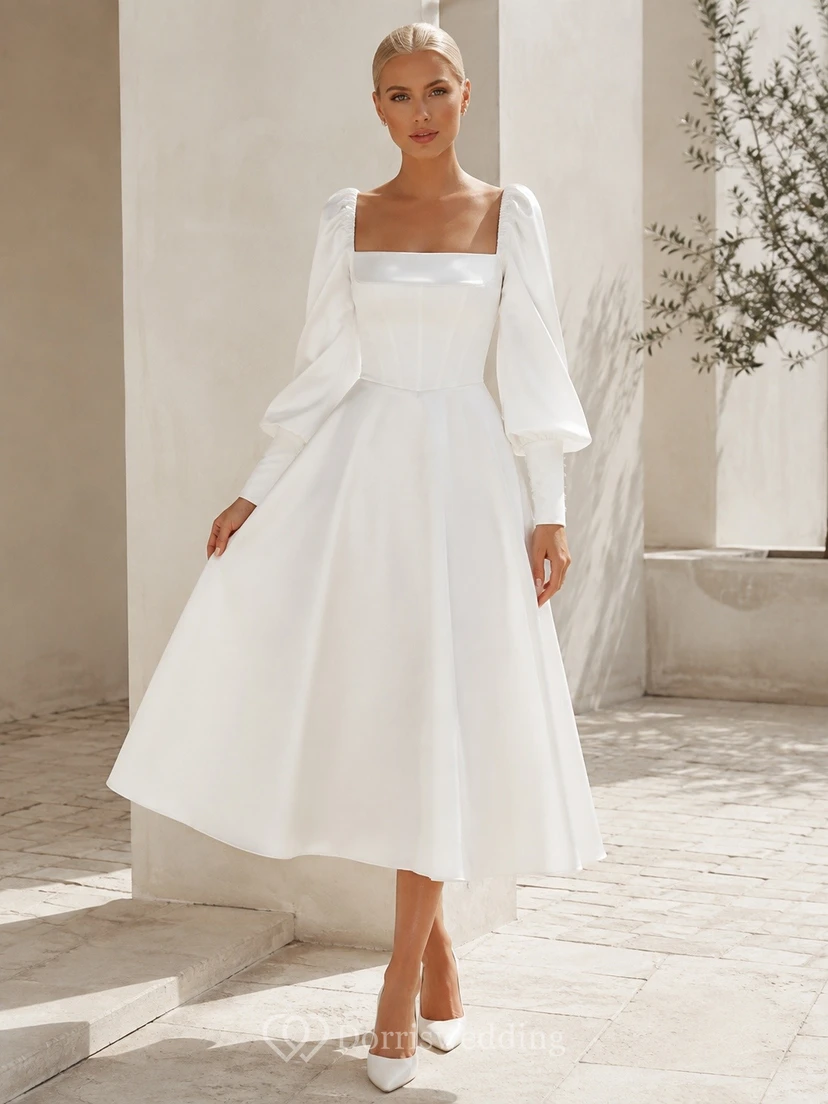 Square Neck Three-Quarter Sleeve Satin A-Line Tea-Length Wedding Dress