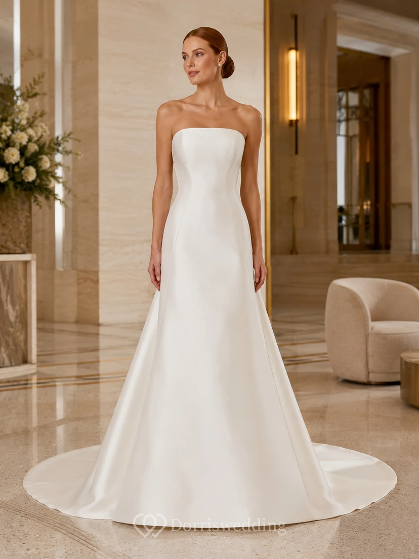 Brautkleid aus Satin im Meerjungfrauenstil, schulterfrei, kurze Ärmel, Schleppe