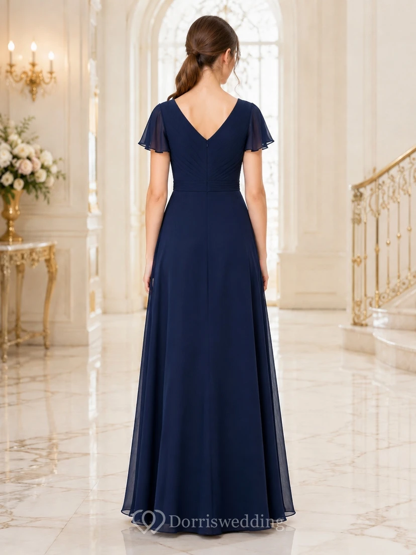 Dark Navy Junior Bridesmaid Dress A-Line V-Neck Short Sleeves Elegant view 2