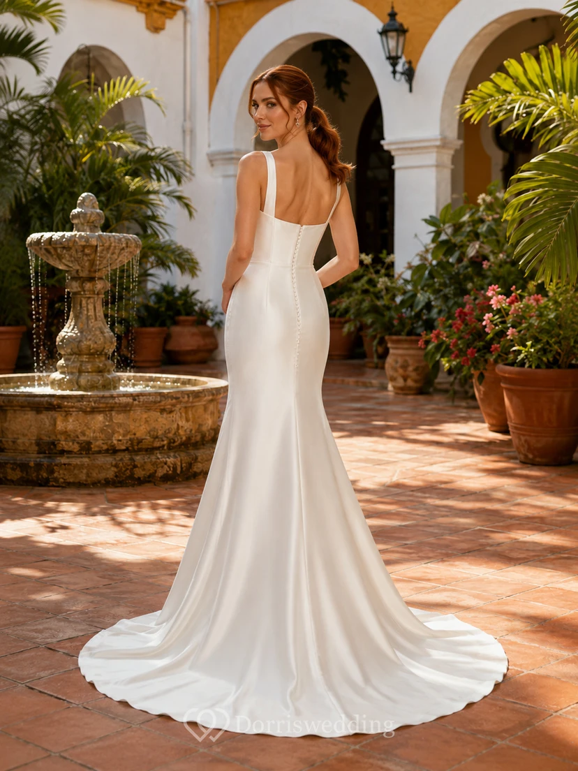 Robe de mariée sirène moderne en satin à bretelles carrées et col colonial, style colonial view 2
