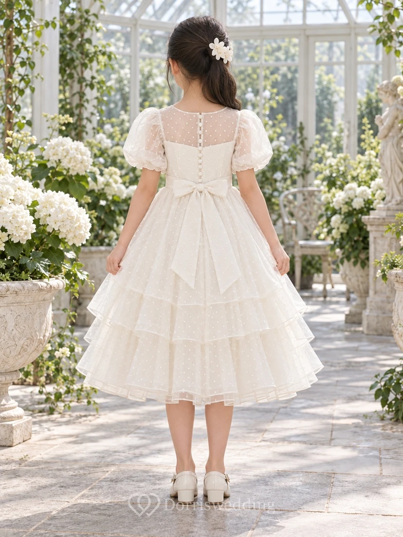 Tea-length Ivory A-line Lace Tulle Puff-sleeve Illusion Tiered Flower Girl Dress view 2