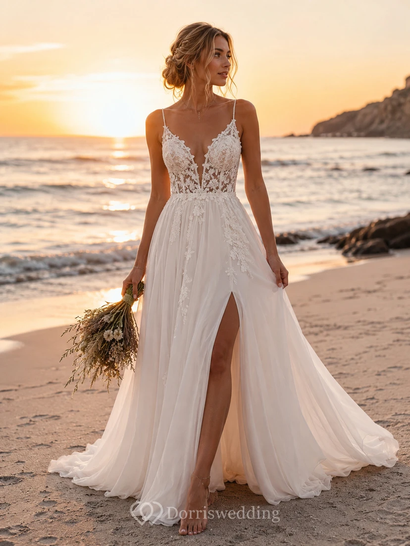 Boho Beach Wedding Dress with Spaghetti Straps, Floral Lace Bodice, High Slit & Flowing Chiffon Train