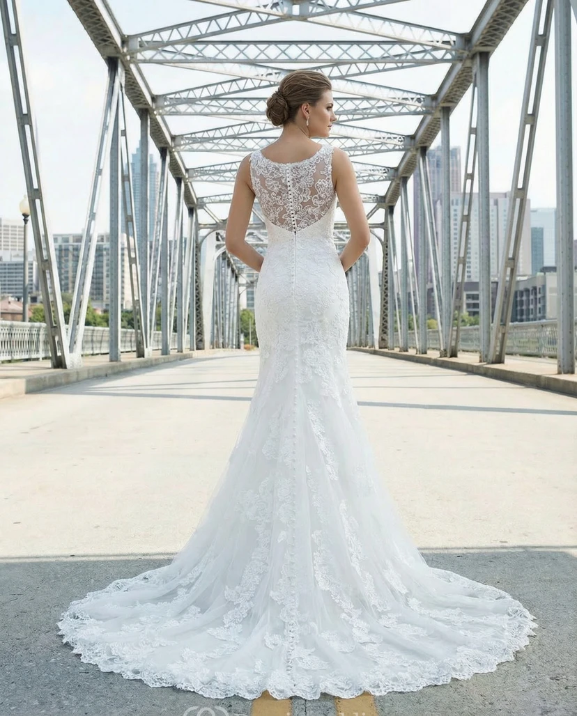 Robe de mariée sirène en dentelle avec manches illusion view 2