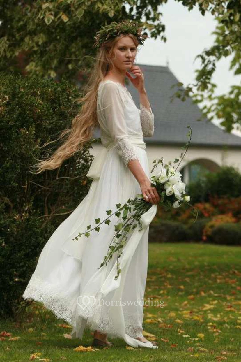 Bateau-Hochzeitskleid mit langen Ärmeln, Spitze und Chiffon, plissiert view 2