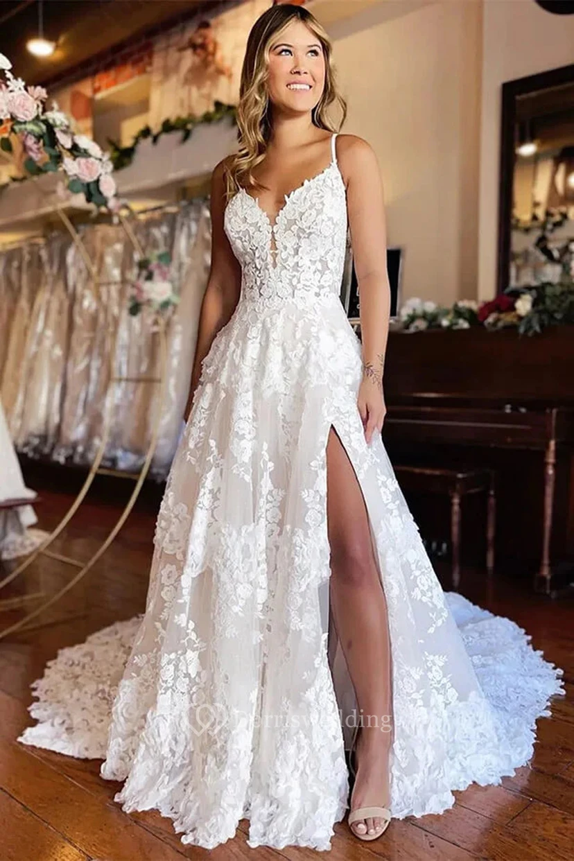 A-Linien-Hochzeitskleid aus Spitze mit Schlitz | Strand-Brautkleid im Landhausstil | Weißes Ballkleid view 2