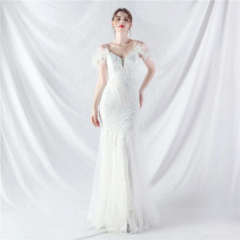 Crafted Ostrich Feather Stacked Sequins Splicing Mesh Gauze High-End Evening Dress Clothes view 62
