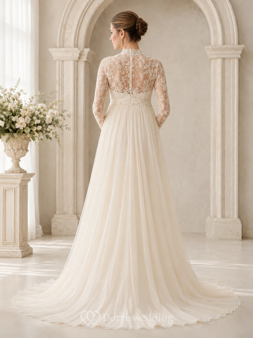 Maternity Wedding Dress High Neck Long Sleeve Lace Bodice Bridal Gown with Tulle Skirt view 2