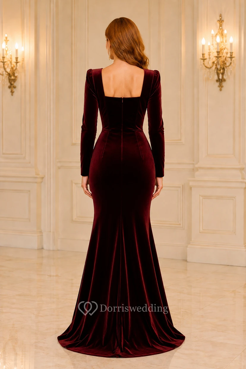 Robe de soirée sirène en velours bordeaux à col carré et manches longues view 2