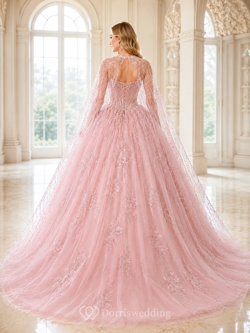 Blushing Pink Luxury Removable Crystal Cape Beaded Tulle Quinceanera Princess Ball Gown view 2