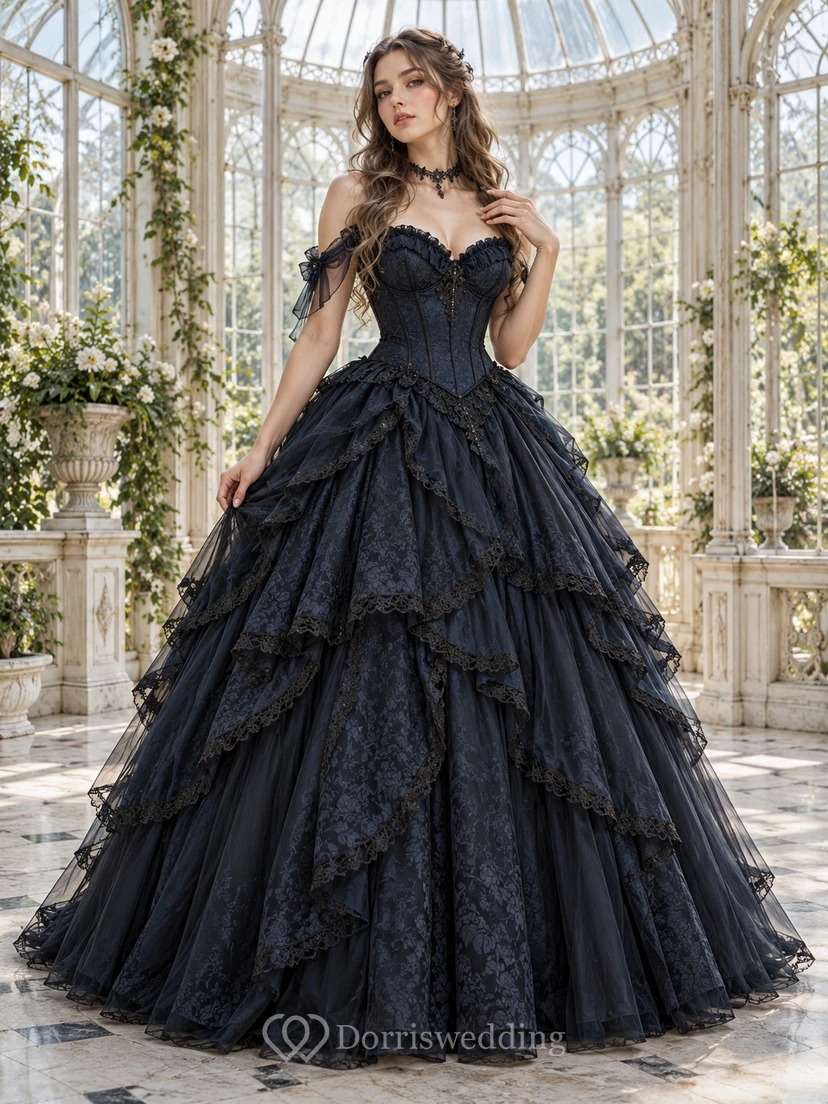 Robe de bal gothique bleu marine foncé à épaules dénudées, corset en dentelle à volants