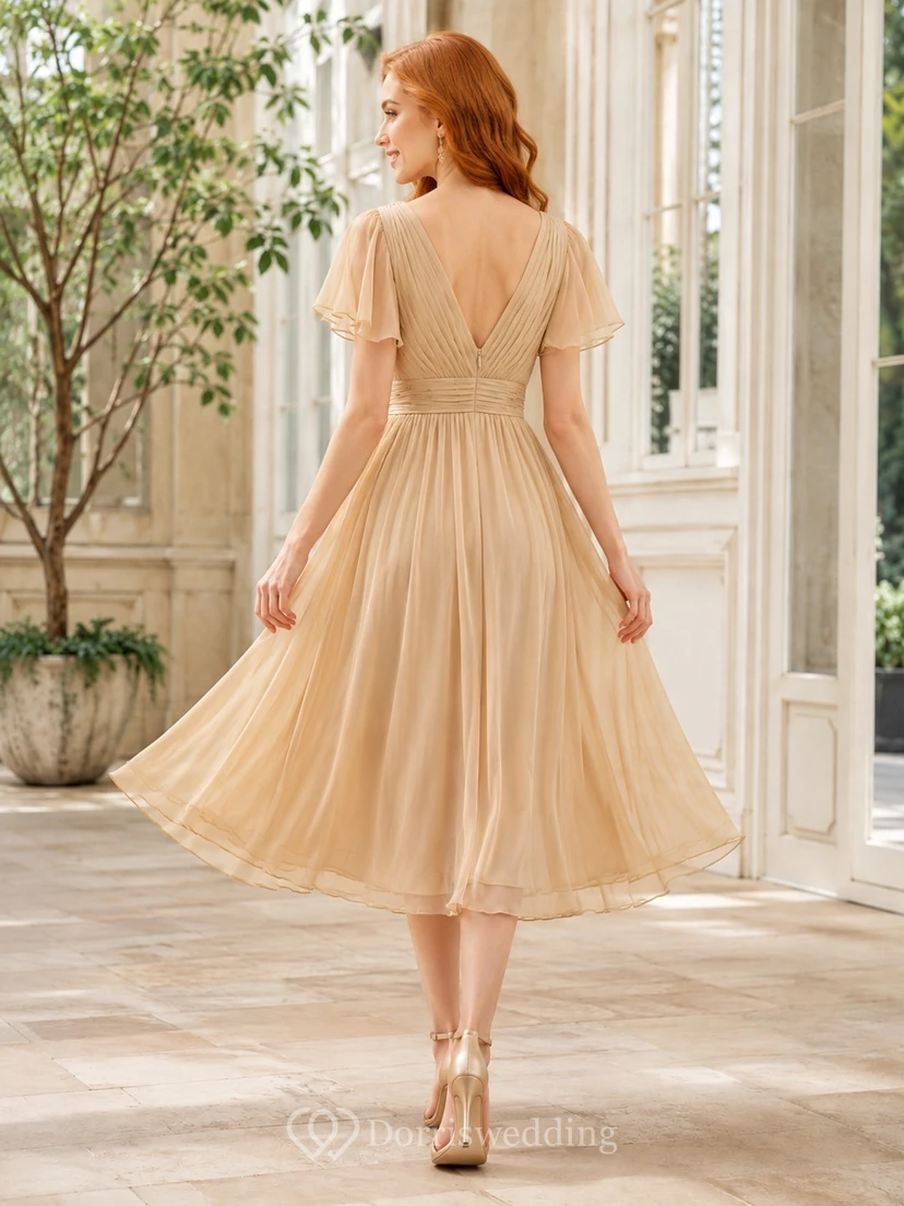 Romantic Champagne V-Neck Flutter Sleeve Chiffon A-Line Tea-Length Cocktail Dress view 2