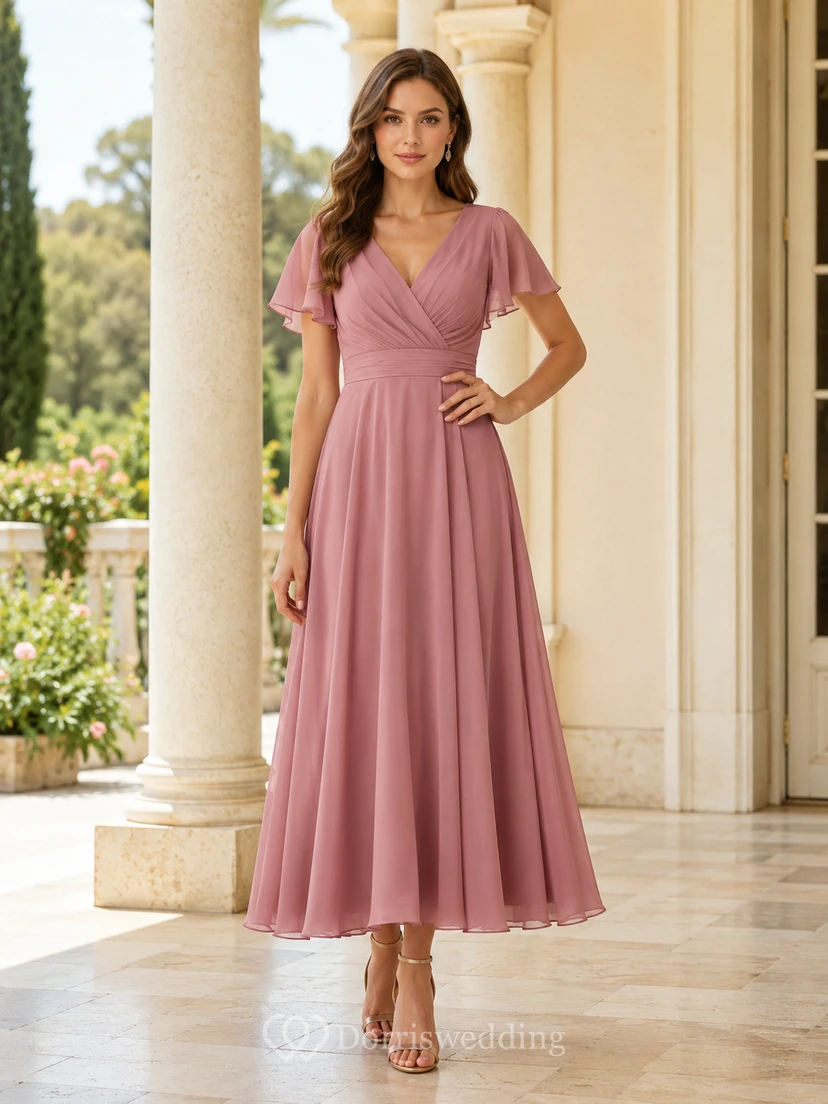 Elegante vestido de invitada para ceremonia en color rosa empolvado, con escote en V, mangas con volantes, corte en A y largo hasta los tobillos.