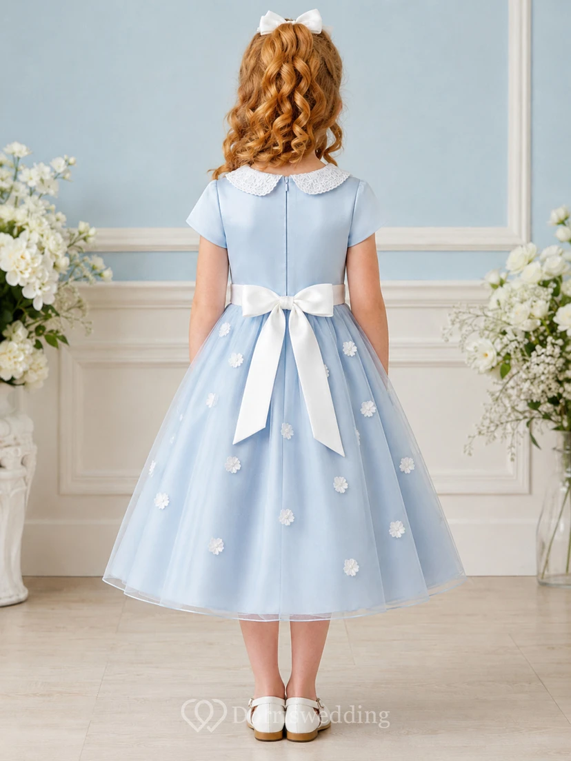 A-Line 1950s Tea-Length Flower Girl Dress with Cap Sleeves, Floral Print, Tea-Length Skirt, Natural Waist, 1950s Ceremony Style view 2