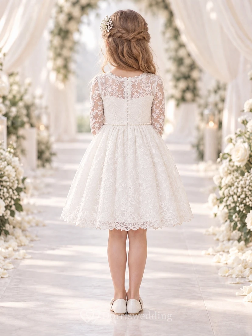 Short Long Sleeve White Floral Scalloped Jewel Illusion Pearl Waist A-Line Lace Button Flowergirl Dress view 2