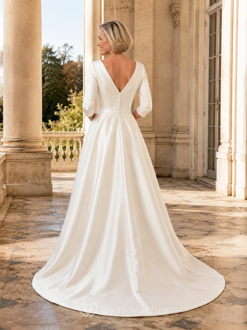 Elegant Modest V-Neck Three Quarter Sleeve Satin A-Line Court Train Wedding Dress view 2