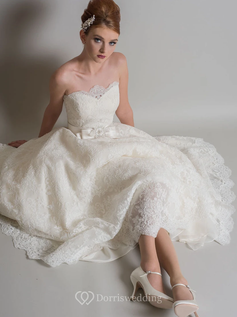 Ankle-Length A-Line Appliqued Strapless Lace Short Wedding Dress With Bow view 4
