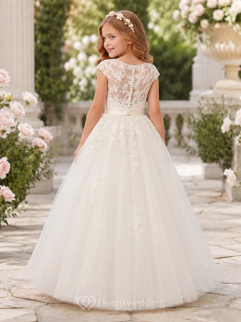 Elegant Flower Girl A-Line Tulle Lace Jewel Neck Cap Sleeve Floor-Length Applique Dress view 2