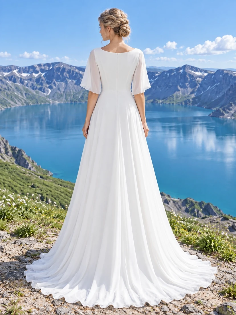 Vestido de novia sencillo y modesto de gasa con escote barco y mangas cortas, corte en A view 2