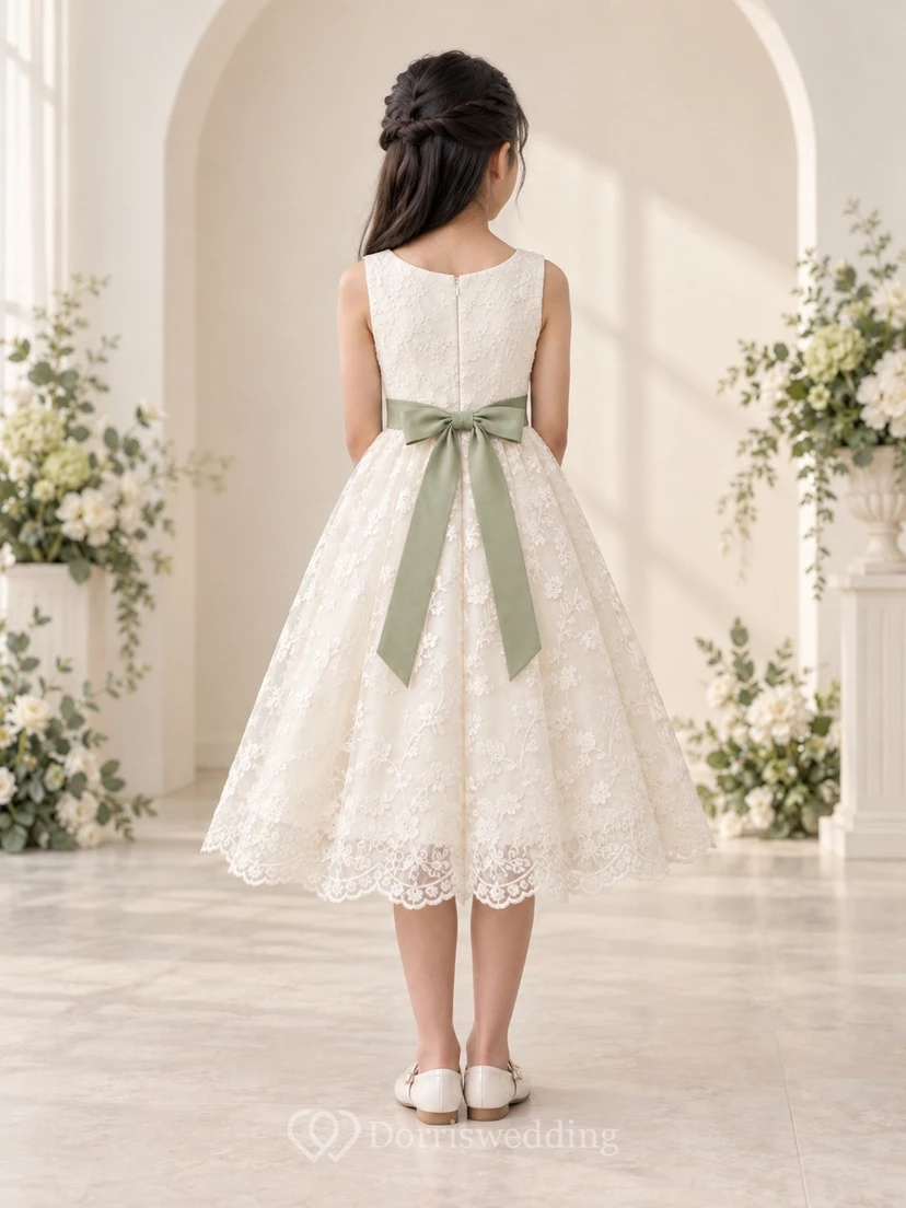 Tea-length Ivory A-line Lace Sleeveless Scalloped Green-sash Bow-back Flower Girl Dress view 2