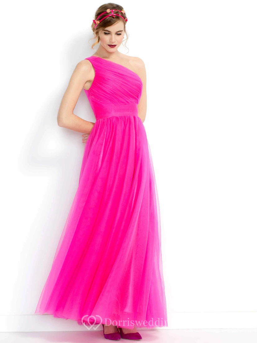 A-Line Floor-Length One-Shoulder Ruched Sleeveless Tulle Bridesmaid Dress