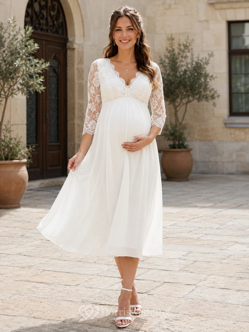 Maternity V Neck Three Quarter Lace Sleeve Chiffon Empire Tea Civil Wedding Dress