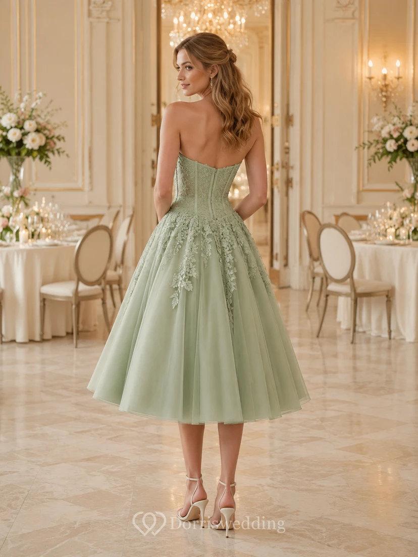 Sage Green Strapless Floral Lace Corset Tulle Tea Length Reception Wedding Dress view 2