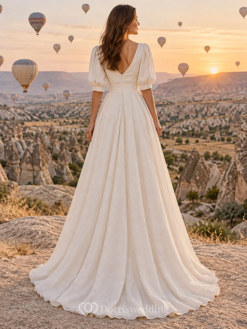 Vestido de novia sencillo de corte A con escote en V y mangas abullonadas. view 2