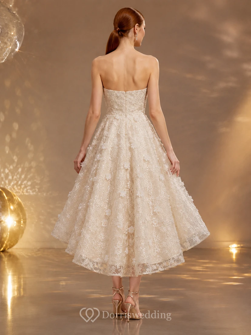 Champagne Strapless Floral High-Low Sequin A-Line Cocktail Dress view 2