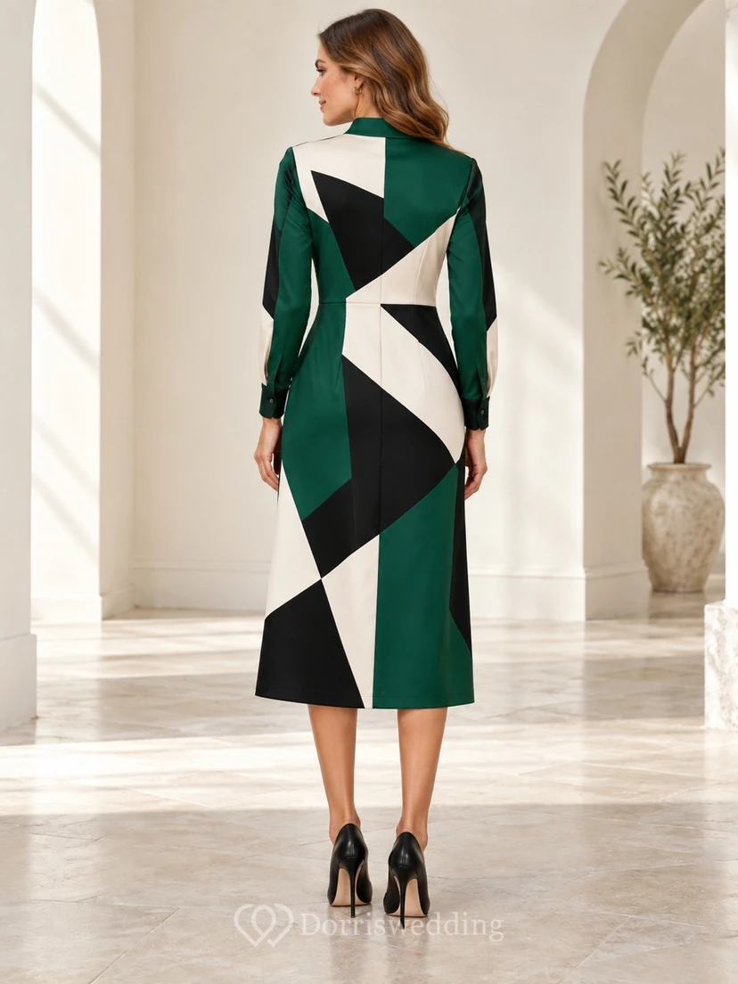 Dark Green Geometric High Neck Long Sleeve Zip Dress view 2