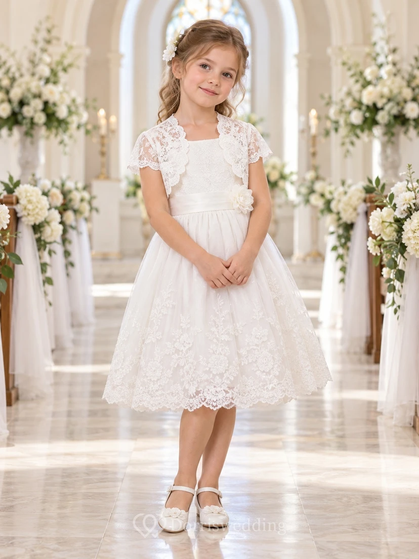 Vestido de niña de flores blanco de corte A, largo hasta la rodilla, con bolero de encaje y mangas cortas, con volantes festoneados y fruncido.