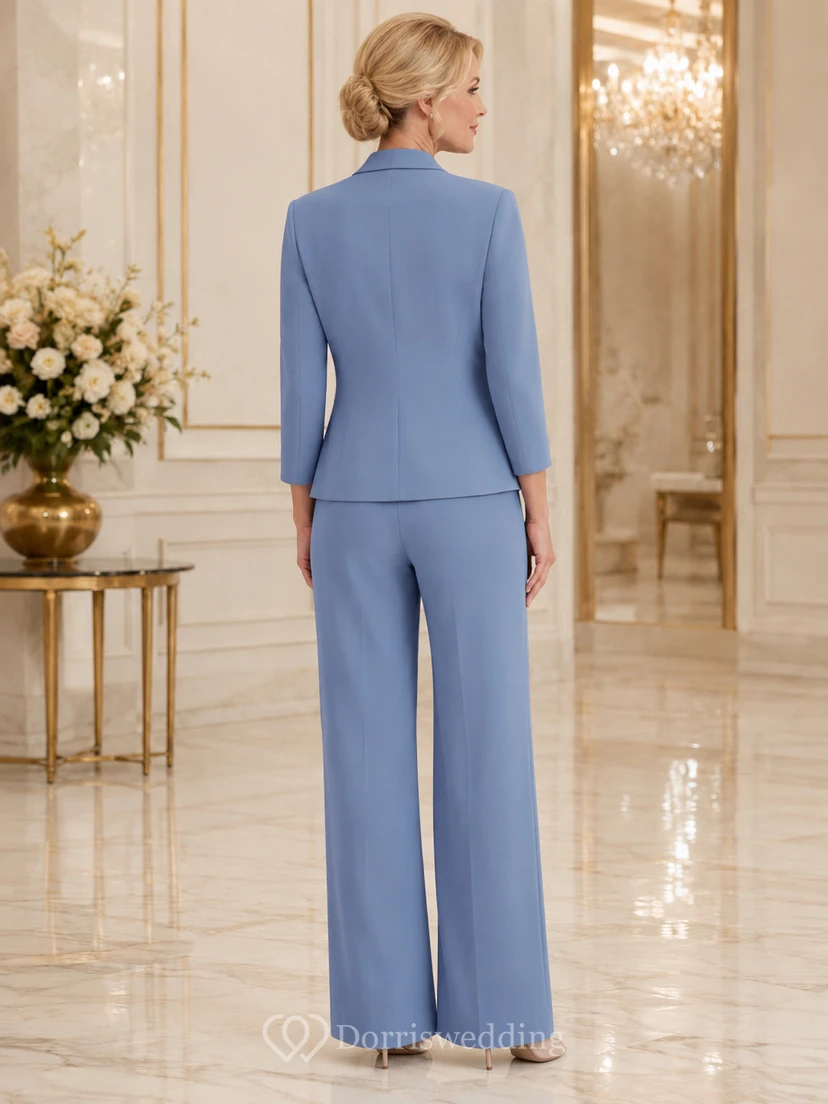 Steel Blue Mother Pantsuit with Tailored Three Quarter Sleeve Jacket and Wide Leg Pants view 2