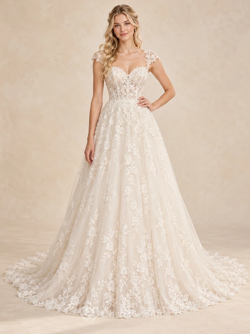 Sweetheart Cap Sleeve Floral Lace Soft A-Line Wedding Dress