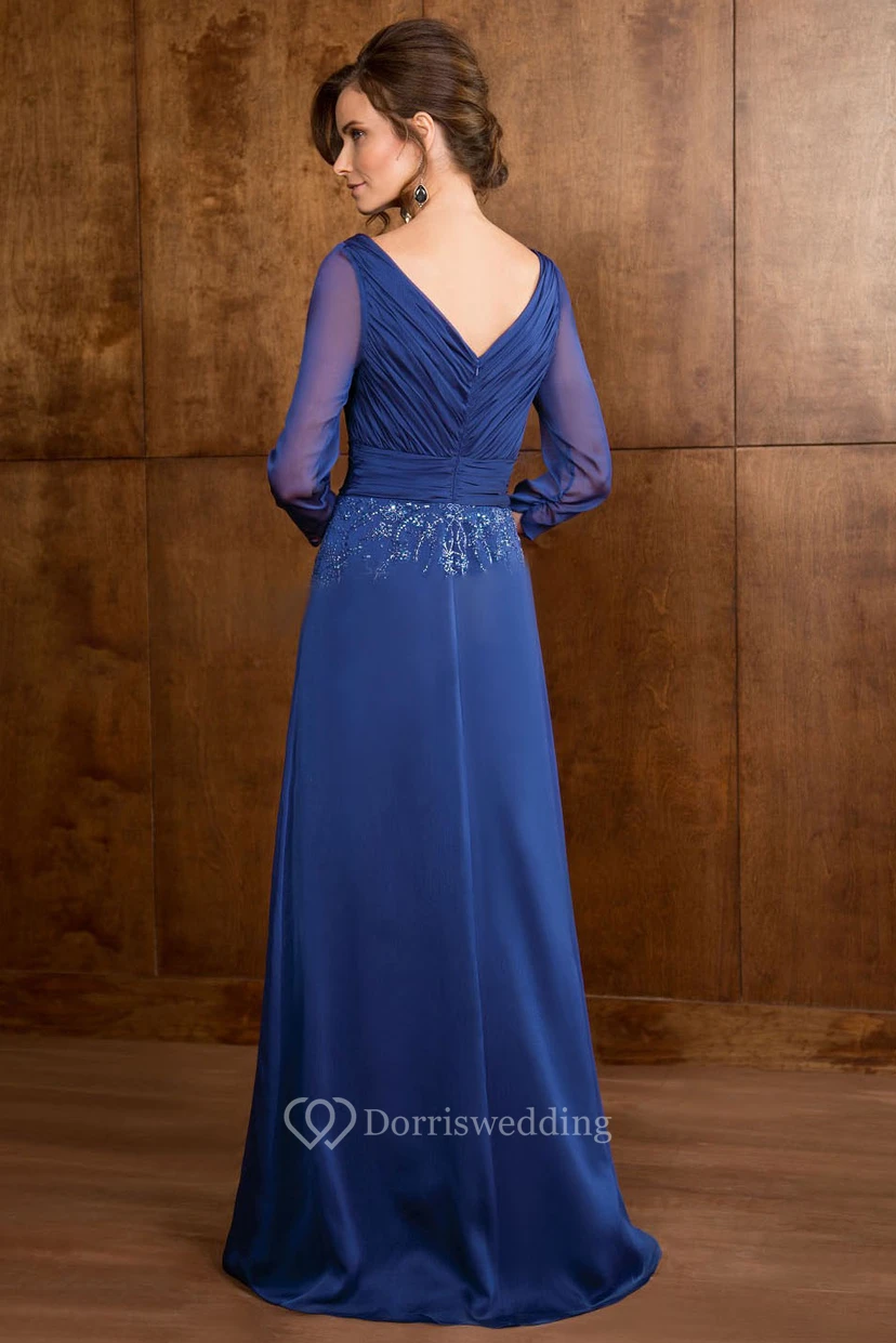 Sheath 3-4-Sleeve Floor-Length V-Neck Ruched Jersey Mother Of The Bride Dress With Beading view 2