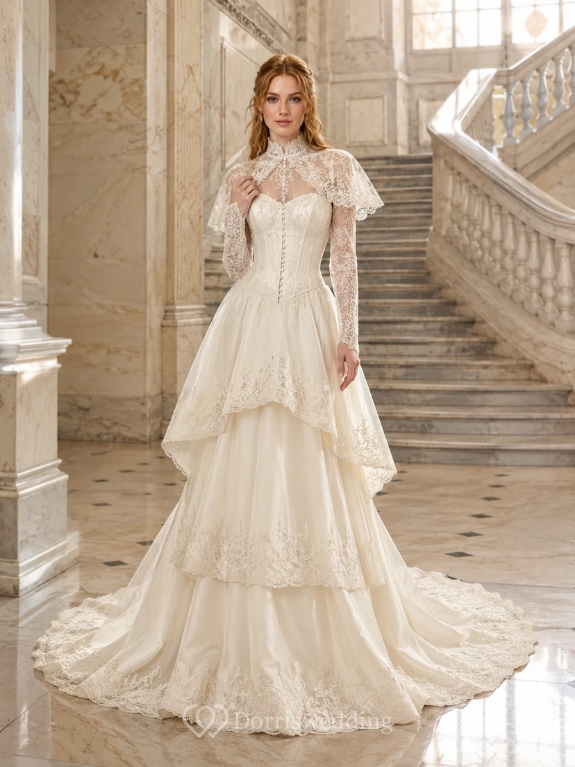 Vestido de novia vintage romántico de manga corta, cuello alto, corte en A, encaje y volantes, color marfil.
