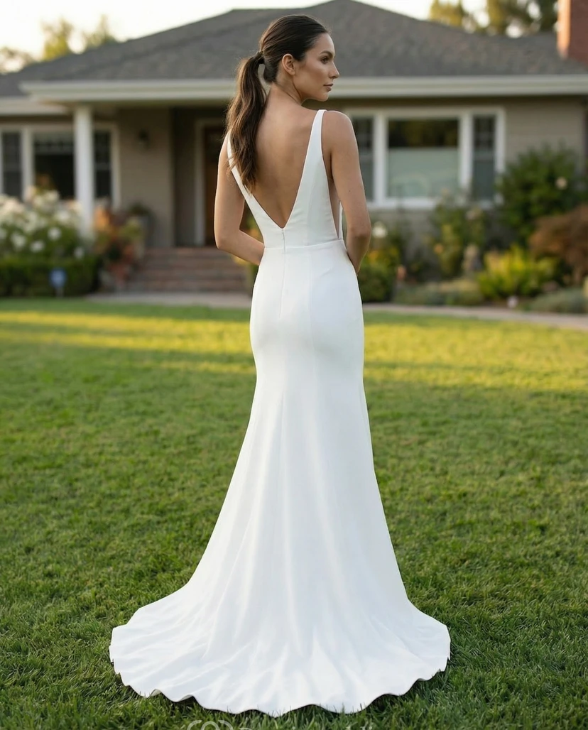Robe de mariée sirène en satin à col V et dos en V view 2